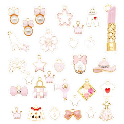 Julie Wang 100pcs Mixed Enamel Pink Theme Charms for Girl Women Fashion Lipstick Hat Purse High Heel Shoes Pendants for Jewelry Making