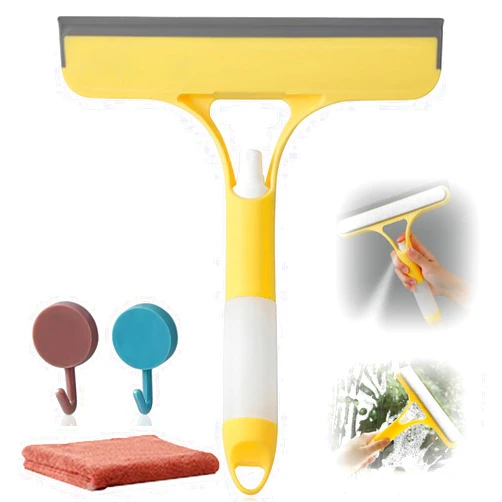 XIMUX 3 in 1 Window Squeegee, Cleaning Scraper with Scrubber Sponge Sprayer Clean Kit for Glass, Tile Walls, Shower Door, Car, Bathroom (Yellow)