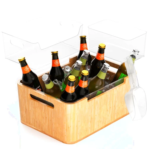 Nreirly Ice Bucket Kit, 12L Capacity, Bamboo, Double-Layer Vacuum Insulated, Keeps Ice Cold for Long Time, Includes 5L, 3.5L PET Ice Buckets, Ice Scoop, Perfect for Parties and Gatherings