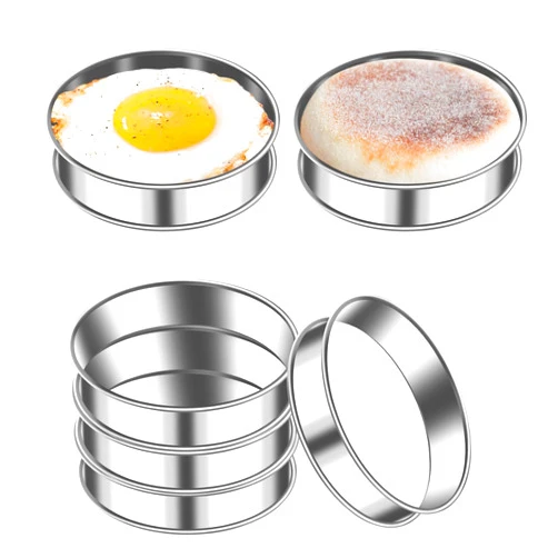 HJKEMI 6 PCS English Muffin Rings 4 Inch Double Rolled Cookie Rings Nonstick Stainless Steel Crumpet Rings Round Pastry Rings for Home Baking Cooking Rings Set Tart Ring Molds for Cooking English Muffin