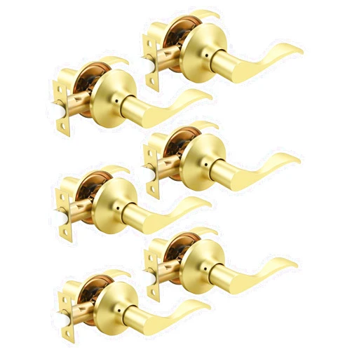 Mengico 6 Pack Gold Modern Interior Passage Door Handles, Keyless Door Knob for Hallway & Closet, Wave Style Non-Locking Door Lever Reversible for Left & Right Handed