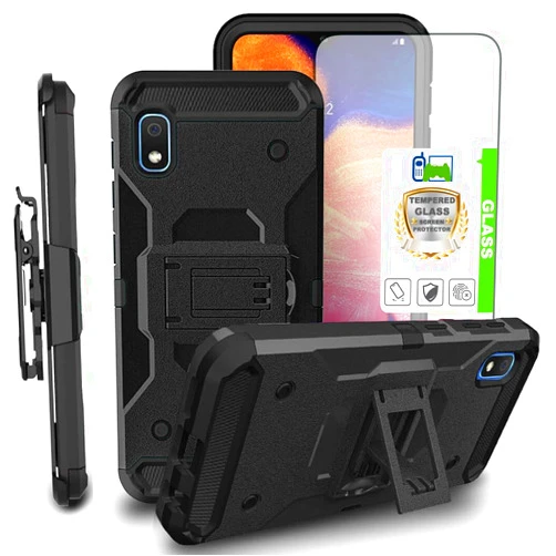 Telegaming for Samsung Galaxy A10e Case, with Tempered Glass Screen Protector Swivel Belt Clip Holster, Shock Absorption Heavy Duty Hybrid Amor Phone Cove - Black Stand