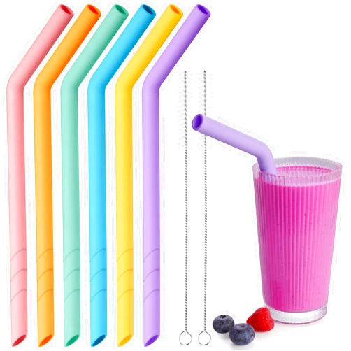 NiHome 6-Pack Extra Wide Reusable Bent Silicone Straws for Boba, Smoothies, Bubble Tea, Bent Straws Eco-Friendly & Colorful for Thick Drinks, Child-Safe, Customizable Length, 2 Brushes Easy Cleaning
