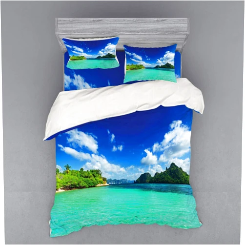 Ambesonne Landscape Duvet Cover Set, Summer Island Botanic Tropical View with Sea Mountain Tree Forest Photo, 4 Piece Bedding Set with Shams and Fitted Sheet, Queen Size, Turquoise Blue Green
