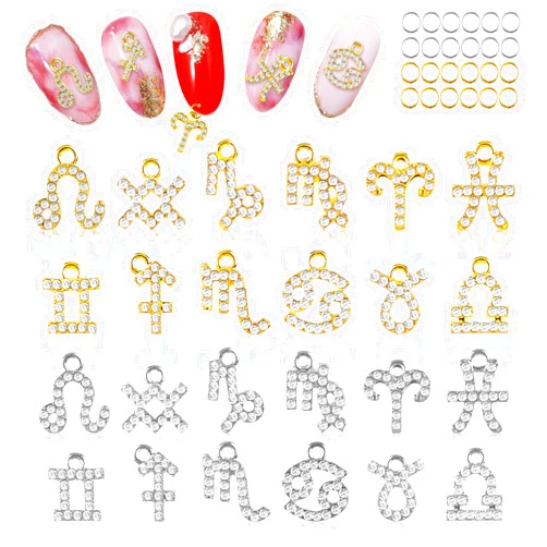 Kalolary Zodiac Nail Charms, 24 Pcs Twelve Constellation Charms 3D Alloy Zodiac Signs Pendants Rhinestone with Open Ring for DIY Christmas Gift Nail Art Decoration