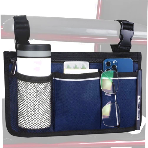 HSGEZUOQI Wheelchair Side Bag, Armrest Storage Pouch with Cup Holder and Reflective Strip Use of Waterproof Fabric, for Most Wheelchairs, Walkers or Rollators (Blue)