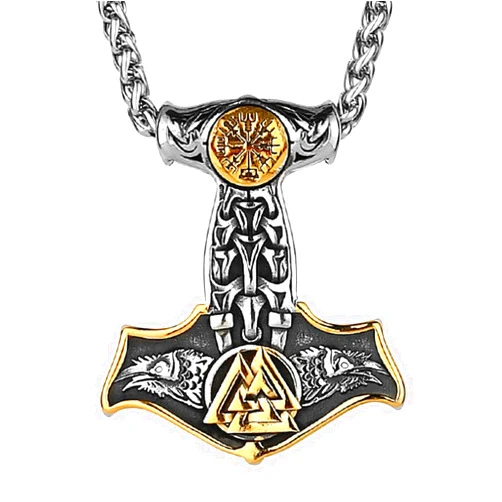 LOBON Viking Thor Hammer Necklace Nordic Vegvisir Valknut Symbol Pendant Stainless Steel Norwegian Amulet Jewelry Gift for Men Women