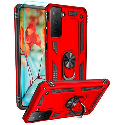 Androgate for Samsung Galaxy S21 FE 5G Case with HD Screen Protectors, Military-Grade Metal Ring Holder Kickstand 15ft Drop Tested Shockproof Cover Case for Samsung Galaxy S21 FE Red