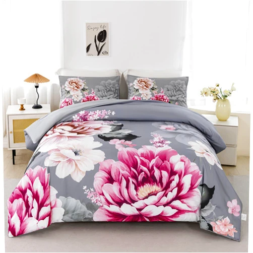 RYNGHIPY Grey Bed Comforter Set King Size 3 Pieces Pink Flowers Printed Bedding Set Soft Microfiber Comforter Sets with 1 Comforter 2 Pillocases (Grey,King Size)