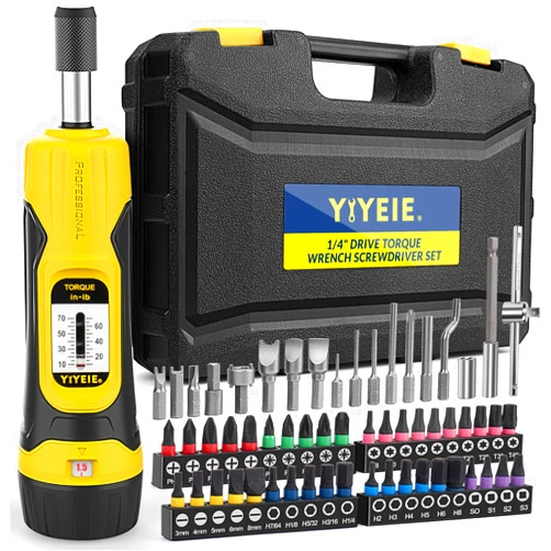 YIYEIE 60Pcs Torque Screwdriver Wrench Set, 10-70 IN.LB, Inch Pound Torque Screwdriver Electrician with S2 Bits, 1/4 Inch Drive, 0.5 In-lbs Adjustable, Small Torque Wrench Tool Kit for Bike, Mounting
