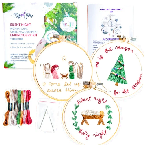 Elly and Grace Elly & Grace Christian Embroidery Kit with Embroidery Hoop, Easy Embroidery Kit for Beginners and Adults, Full Embroidery Hoop Kit with Needles and Thread Included (Silent Night)