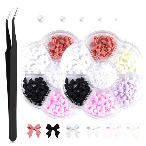 JASSINS Bow Nail Charm for Nail Art Decorations,200PCS Colorful 3D Bow Charm Acrylic Jewel Rhinestones Set for Nail Design DIY Decoration(2 Box 1 tweezers )