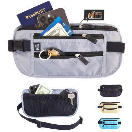 Gorilla Grip 4 Pocket Secure RFID Blocking Money Belt, Anti Theft Hidden Fanny Pack for Passport and Credit Cards, Water Repellent Travel Pouch for Men Women with Adjustable Waist and Zippers, Gray