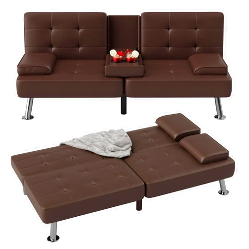 Flamaker Futon Sofa Bed Modern Folding Futon Set Convertible Recliner Lounge for Living Room with 2 Cup Holders, Removable Armrests (PU Leather, Brown)