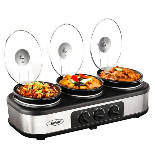Sunvivi Slow Cooker, Triple Slow Cooker Buffet Server and Food Warmer, 3-Section 1.5-Quart Upgraded Oval Ceramic Pot with Stainless Steel Lid Rests, 3 Spoons, Total 4.5 QT