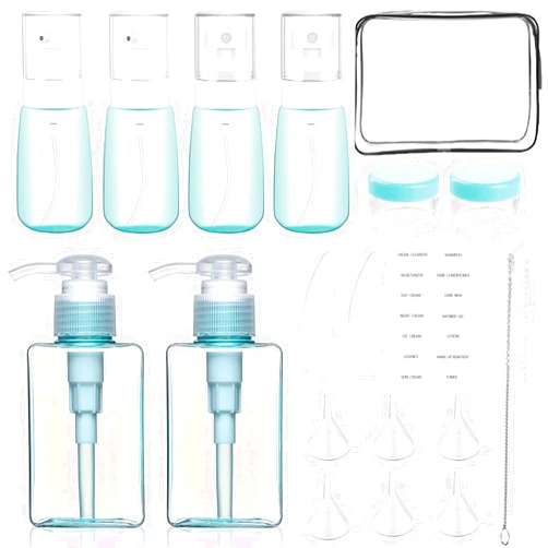 Qeuly Travel Bottles kit, TSA Approved Travel Size Toiletry Bottles with Labels, Leak Proof Refillable Travel Bottles Set with Toiletry Bag for Cosmetic Shampoo (Lake Blue)