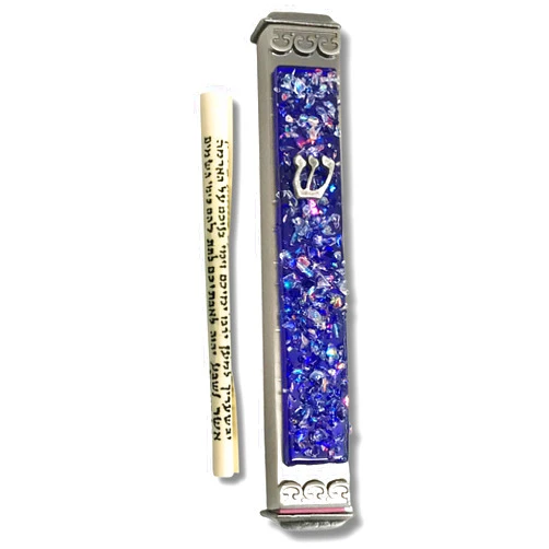 Tamara Baskin Art Glass Sparkling Art Glass Mezuzah - 3.5 Inch - Easy Mount - Weatherproof Metal Case - Gift Box and Non-Kosher Scroll Included - Hand Made in USA by Tamara Baskin Art Glass (Blue)
