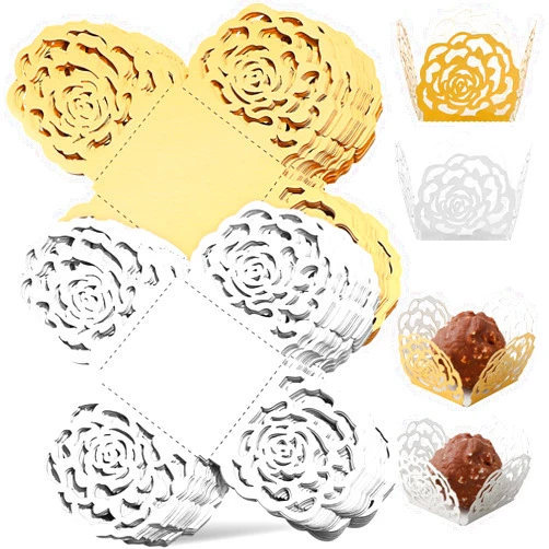 VILLCASE Wedding Decor 100pcs Flower Truffle Wrappers Chocolate Candy Cups Hollow-out Rose Flower Dessert Liners Wedding Appetizers Wrappers Muffin Cups for Wedding Party Favors White Decor