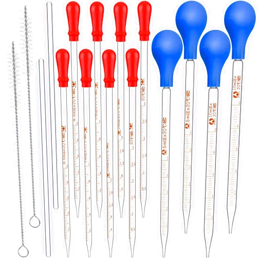 Frienda 16 Pieces Glass Pipettes Graduated Dropper 2 PCS 10 ml 5 ml 3 ml 2 ml 1 ml 0.5 ml Glass Liquid Dropper with Rubber Caps 2 Pcs 20 cm Glass Stir Rod and 2 Washing Brush for Transfer Liquid Essential Oil