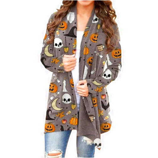 GLIGLITTR Women's Halloween Cardigan Pumpkin Cat Long Sleeve Open Front Knitted Sweater Outwear Coat Tops Knitting Clothes