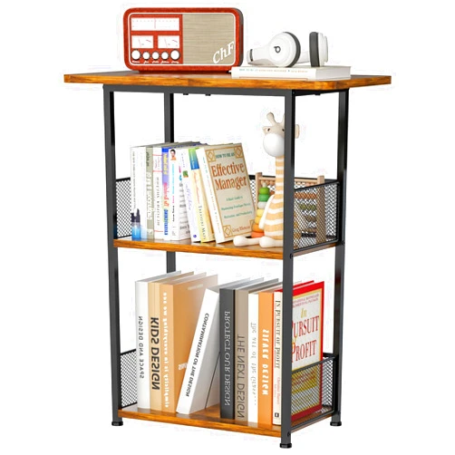 Yuyetuyo Small Bookshelf 3 Tier Small Table - Office Shelf Rustic Industrial Bookshelf, Wood and Metal Storage Shelf Stand Organizer Tall Table for Living Room, Bedroom, Office