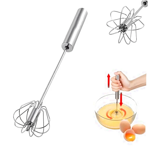Howpinzz Stainless Steel Semi-Automatic Whisk Egg Whisk Hand Push Rotary Whisk Blender Semi Auto Egg Beater Hand Push Mixer Stirrer Egg Scrambler for Blending, Whisking, Frothing, Beating & Stirring,(12in)