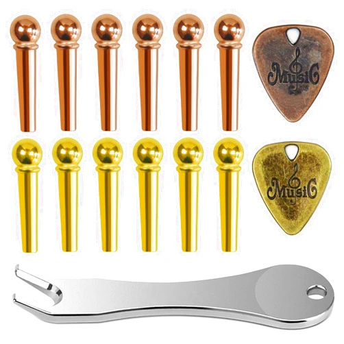 Junlego 12 Pcs Acoustic Guitar Bridge Pins with Bridge Pin Puller Remover 2 Guitar Picks Guitar Pegs Guitar Parts Accessories Replacement Tools Kits