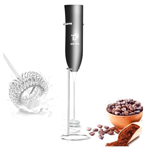 DTB TECH Handheld with Stainless Steel Stand USB-charging Foam Maker, DOUBLE WHISK Mini Blender and Electric Mixer Coffee Frother (Black), 9.57 x2.95 x2.83, JS15-JS17