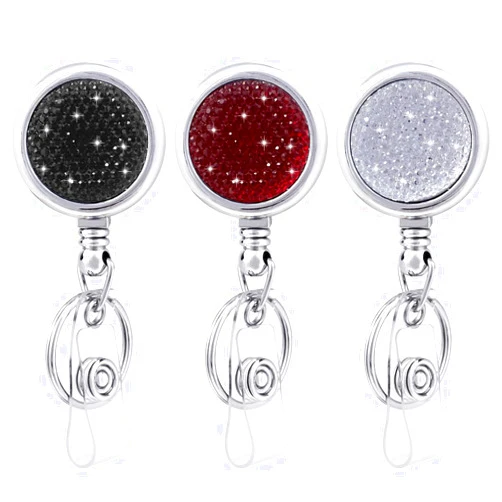 TANOSII Rhinestone Retractable ID Badge Reels Retractable Badge Holder with Keychain，Badge Clip and Retractable Rope for Doctor Nurse Office Staff 3 Packs Black White Red