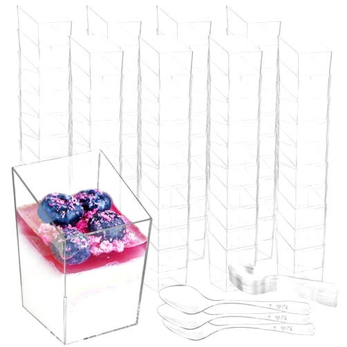 Okllen 100 Pack 3 Oz Mini Dessert Cups with Spoons, Clear Slanted Square Dessert Tumbler Thick Plastic Shot Glasses, Appetizer Parfait Cups Small Serving Bowls for Ice Cream, Puddings, Tasting Party