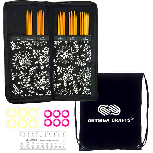 ChiaoGoo Spin Bamboo 6-Inch 3600 DPN Double Point Sock Knitting Needle Set, Sizes US 1, 1.5, 2, 2.5, 3 with 10 Colorful Stitch Markers, Needle Gauge, Fabric Case with Project Bag