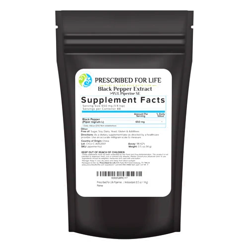 Prescribed For Life Piperine Powder, 95% Black Pepper Extract Powder, Gluten Free, Vegan, Non GMO, Natural Antioxidant (14g)