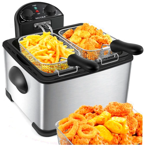 Secura Deep Fryer with 3 Baskets, 21 Cups / 5 Liters Oil Capacity 1700-Watt Stainless-Steel Triple Basket Electric Deep Fryer with Timer Free Extra Odor Filter, Silver