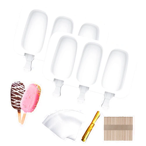 Ouddy Life Popsicle Molds Set of 2, Ice Pop Molds Silicone 4 Cavities Ice Cream Mold Oval Cake Pop Mold with 50 Wooden Sticks for DIY Popsicle, White
