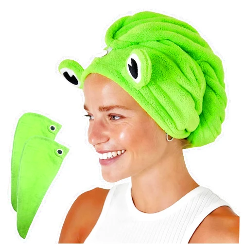 Globalnice 2 Packs Microfiber Hair Towel with Button, Super Absorbent Quick Dry Hair Turban for Drying Curly, Lovely Frog Hair Towel Wrap for Women, Stocking Stuffers for Women