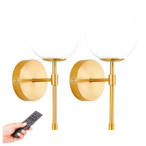 MSTETO Battery Operated Wall Sconces Set of 2, Glass Globe Wireless Lights with Remote & Touch Control, Rechargeable Brushed Gold Sconce, 3 Color Dimmable Ambient Lighting for Bedroom Living Room