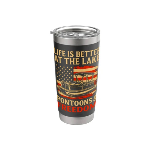 Patriotic 4th of July Pontoon Boat Shirt Men Women Life is Better at the Lake Vintage Pontoon Boat & Freedom Stainless Steel Insulated Tumbler