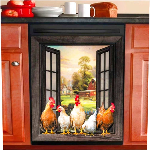 Homega Magnetic Farm Chicken Dishwasher Cover,Kitchen Decor Rooster Refrigerator Magnet Decal Panels,Country Farmhouse Window Fridge Door Cover,Home Appliances Decor Stickers 23