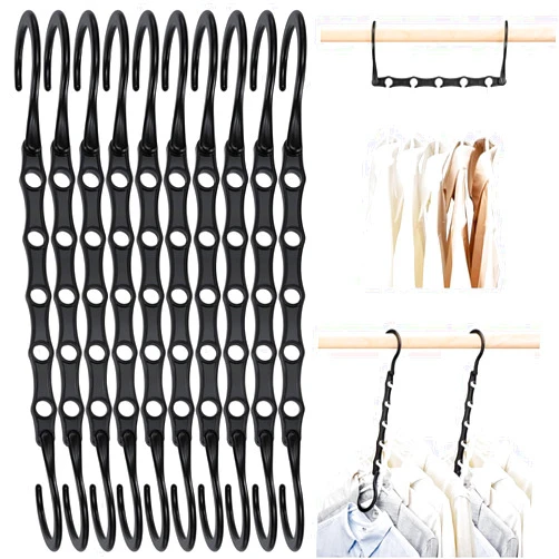 HOUSE DAY Black Magic Space Saving Hangers, Premium Smart Hanger Hooks, Sturdy Cascading Hangers with 5 Holes for Heavy Clothes, Closet Organizers and Storage, College Dorm Room Essentials 10 Pack