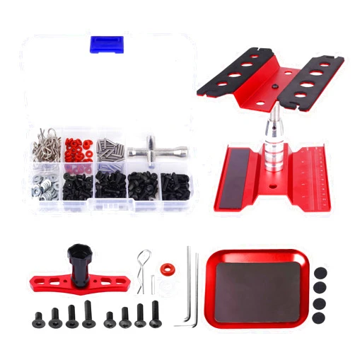 FriHobby RC Car Work Stand RC Tool Kit Repair Workstation Aluminum Alloy 360 Degree Rotate w/Screw Kit & Screw Tray, Wheel Wrench for 1/8 1/10 1/12 1/16 Scale Models Cars Trucks (Red)
