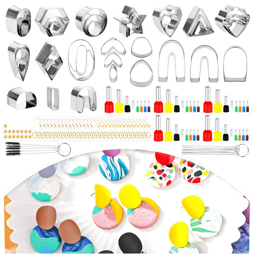 Kikerike 169 Pcs Polymer Clay Cutters Kit 39 Shapes Stainless Steel Clay Earring Cutters with 40 Indentation Round Circle Shape Punch Tools Mold and 90 Accessories for Jewelry Making