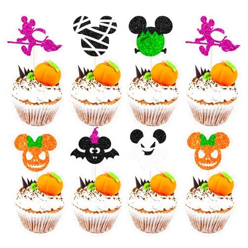 Gyufise 24 Pack Gliter Mouse Inspired Halloween Cupcake Toppers Witch Hat Ghost Bat Pupmkin Cupcake Picks for Happy Halloween Baby Shower Birthday Party Cake Decorations Supplies