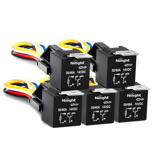 Nilight 50003R Automotive Set 5-Pin 30/40A 12V SPDT with Interlocking Relay Socket and Wiring Harness-5 Pack, 2 Years Warranty