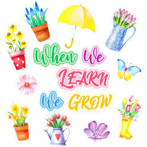 Haull 45 Pcs Spring Floral Cutouts Flower Potted Butterfly Bulletin Board with 100 Pcs Glue Points When We Learn We Grow Classroom Decoration Set Wall Decals for School Party Teacher Supplies