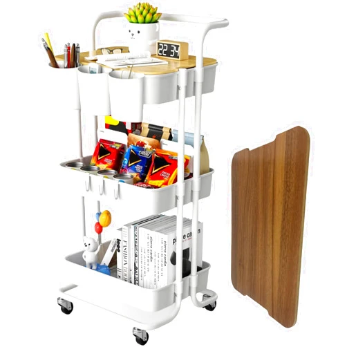 NRSUEN 3 Tier Rolling Cart with Metal Handle, Table Top, Hanging Cups, Hooks, Plastic Storage Baskets& Wheels Lockable, Utility Cart for Bathroom Classroom Office Kitchen Pantry Organizers and Storage, White