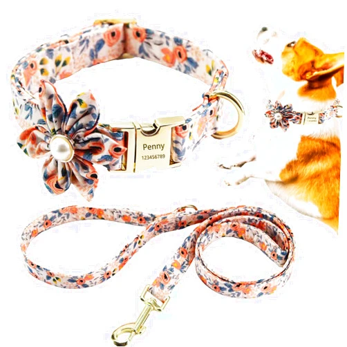 Tinikiwi Girl Dog Collar for Dogs Cats, Customized Dog Collar with Removable Flower, Adjustable Fancy Floral Collar with Leash for XSmall Small Medium Large Dogs Puppy