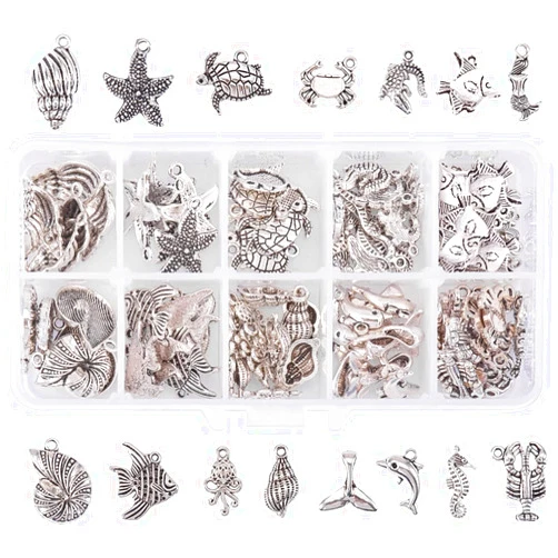 PH PandaHall 90pcs 15 Style Ocean Fish Charms Tibetan Seashell Marine Pendants Antique Silver Animal Sea Creatures Charms Pendants for Wakiki Hawaii DIY Bracelet Necklace Keychain Jewelry Making