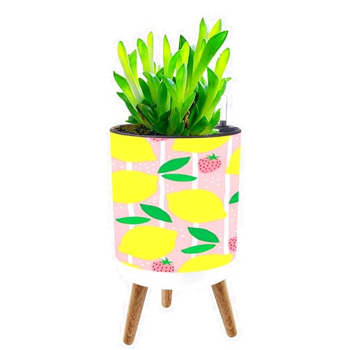 UHMLTCRBOD Planter with Stand Tropical Pattern Lemons Strawberries Leaves Fruit Boho Plant Pot with Legs Standing 8.7