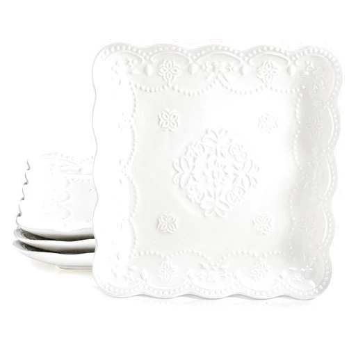 Tebery Set of 4 Square Embossed Ceramic Plate, 10 Inch Elegant Dinner Plates Ivory White, Appetizer Salad Serving Plates Kitchen Plates for Breakfast Afternoon Tea Banquet Party Steak Pasta