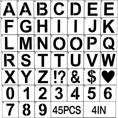 SYLLENHOD Letter Stencils 4 Inch, 45 PCS Reusable Letter Number and Symbol Stencils kit, Alphabet Stencils for Walls, Fabric, Wood, Porch Signs, Chalkboards, Posters/Journals, Painting Projects